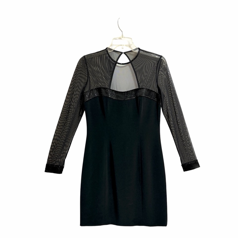 Black Tie Oleg Cassini VTG Beaded Cocktail Sheath Mini Dress Black 6 Sheer Mesh - Picture 3 of 11